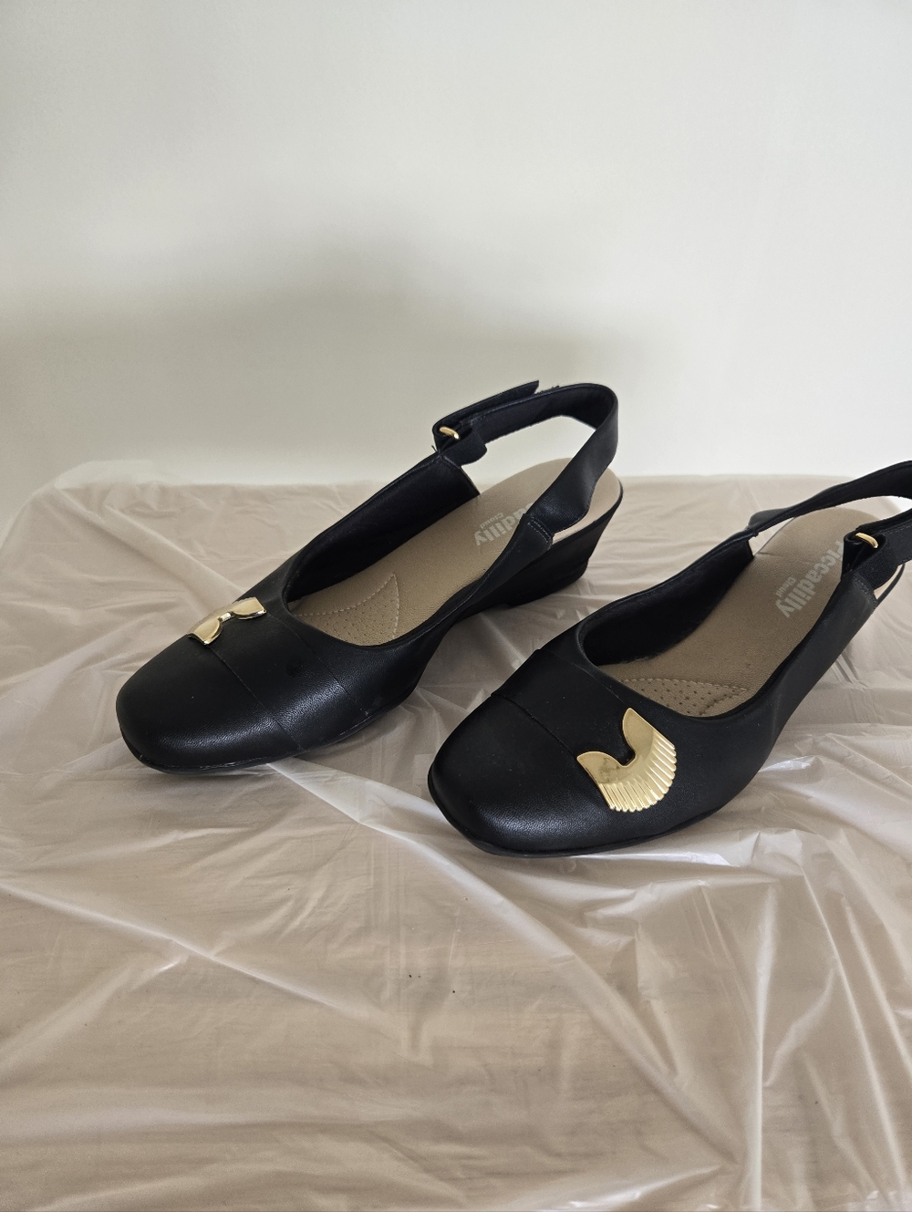 Picadilly Black Slingback Women's Wedge Heels with Gold Accent